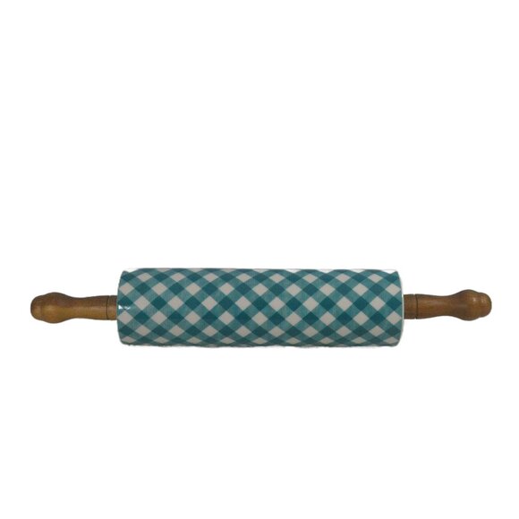 The Pioneer Woman Charming Check Ceramic Rolling Pin Teal with Floral Accents - Picture 1 of 3